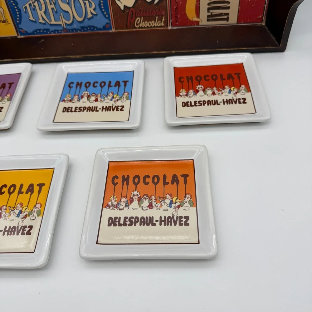 Pottery Barn Vintage Chocolate Advertisement Wooden Tray and 5 Coaster Set